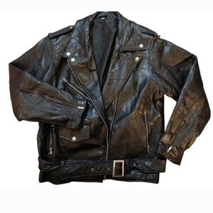 VINTAGE. GENUINE Black Leather Patchwork Motorcycle  Jacket   Mens.  Size M.